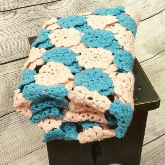 Knitted Wool Blanket Blue/Pink Floral Baby Kids Dorm Bedroom Crochet Throw Quilt - Picture 11 of 11